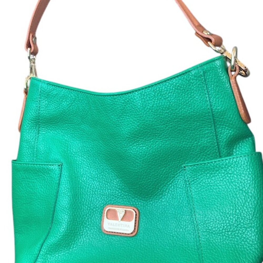 Valentina Italian Leather Green Pebble Satchel Purse Gold Hardware